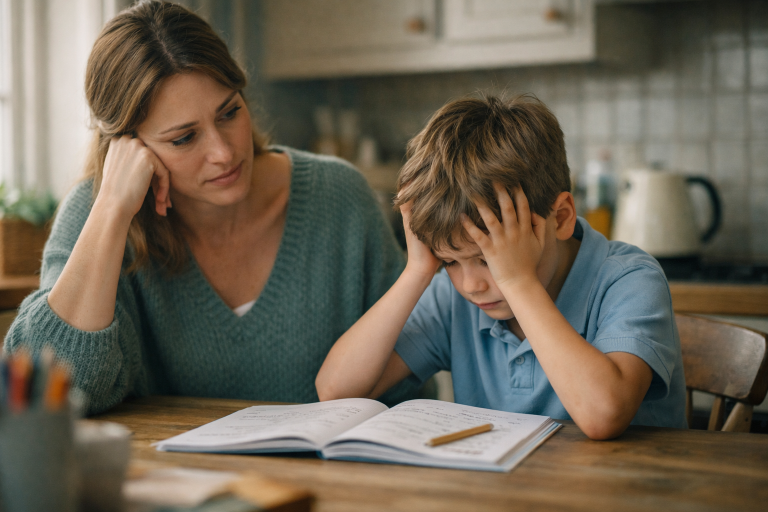 Parent sitting with anxious child at kitchen table during maths homework