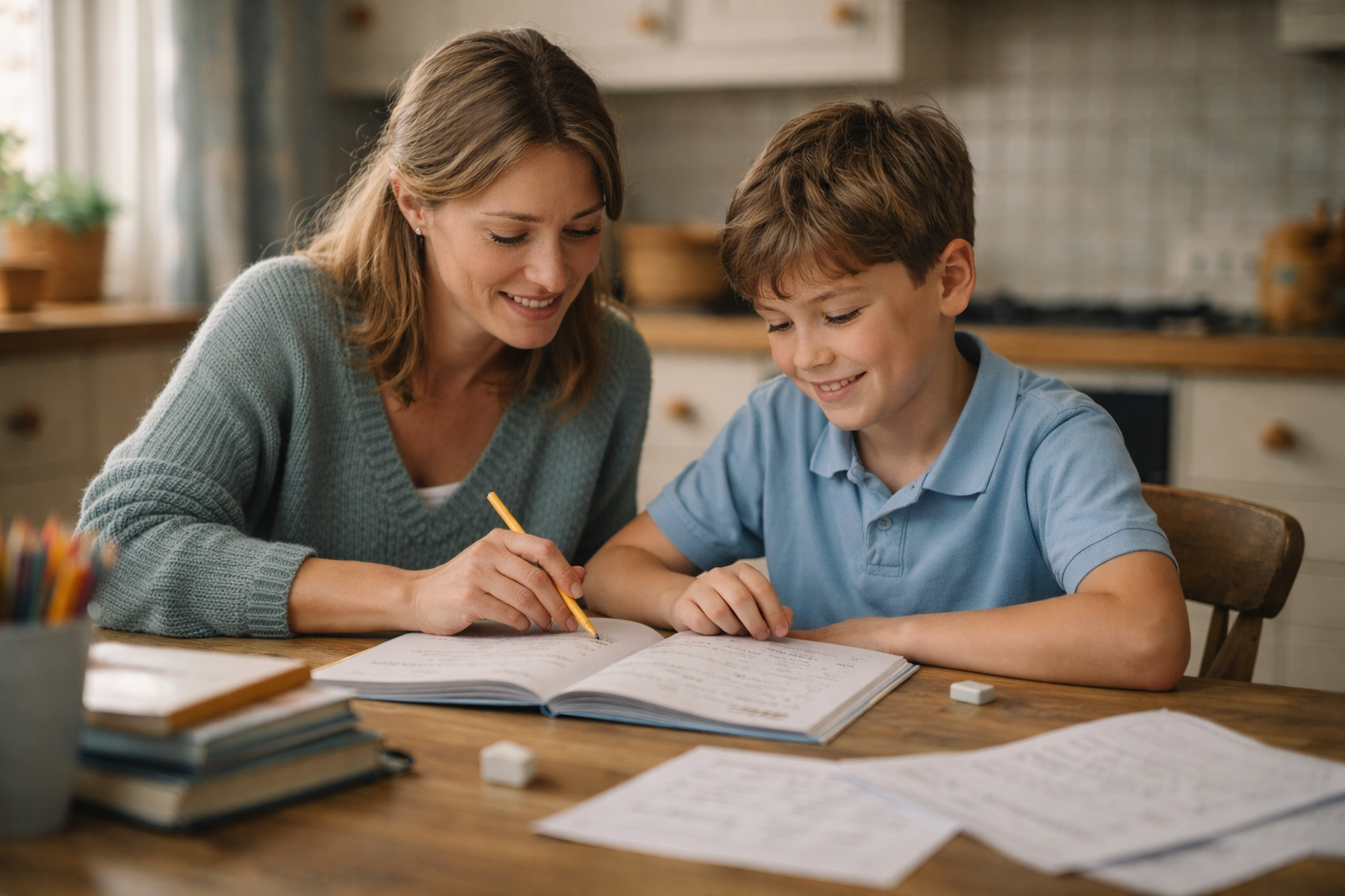 Parent and child working together on maths at kitchen table with warm, encouraging atmosphere
