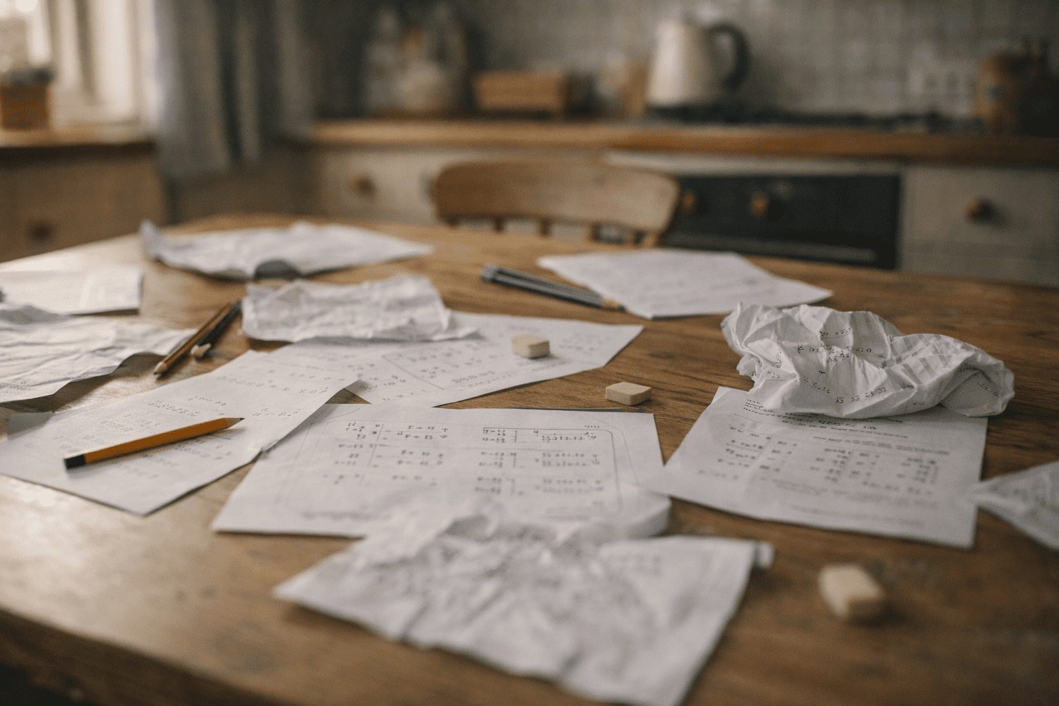 Scattered maths worksheets at kitchen table, showing the exhaustion of endless practice without understanding