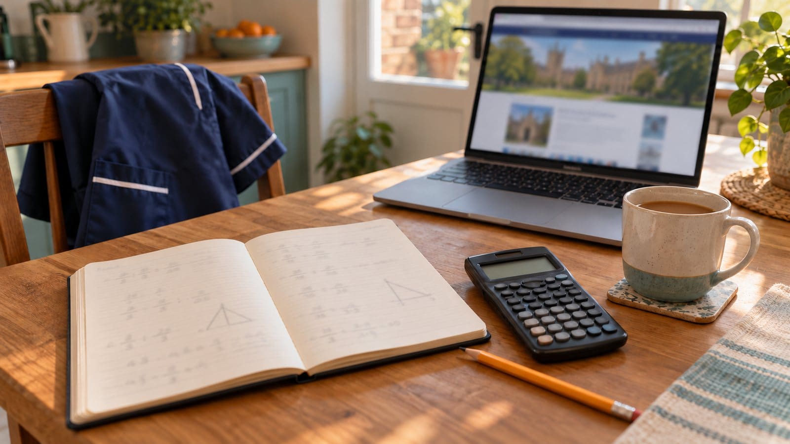 A notebook of maths working, a calculator and a laptop on a kitchen table, with a nursing tunic over the chair.